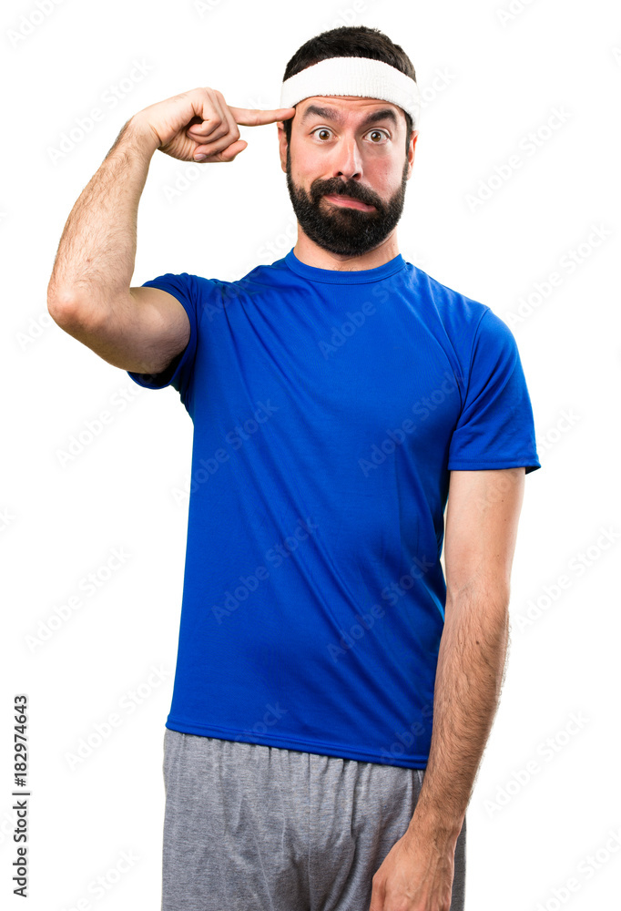 Funny sportsman making crazy gesture on isolated white background Funny sportsman making crazy gesture on isolated white background