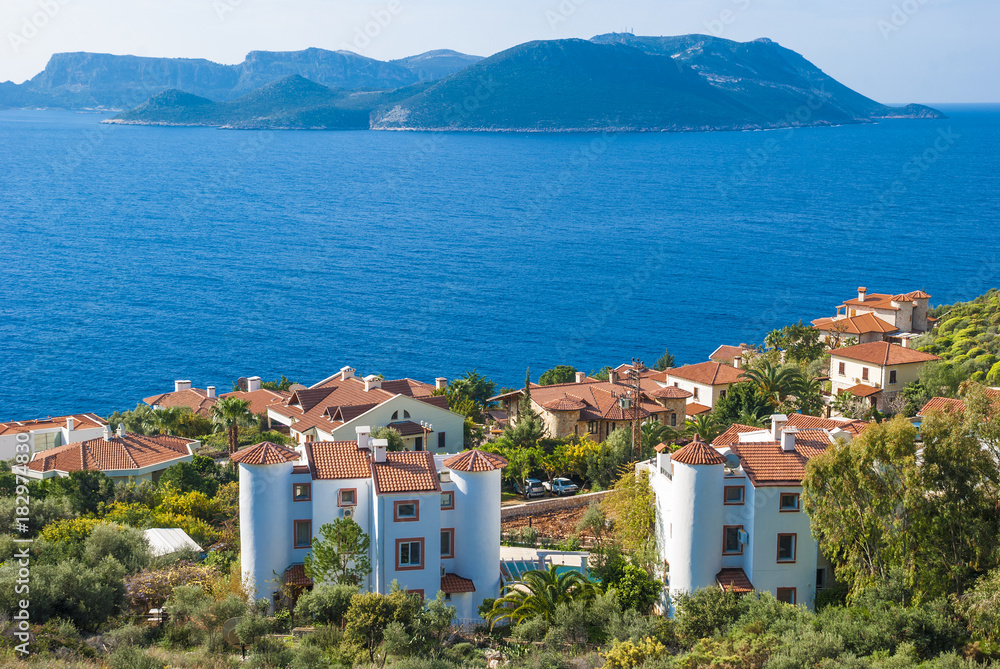 Kas, provinces of Antalya, Turkey -March 11, 2014:View of the Turkish city of Kas and the Greek island of Kastellorizo