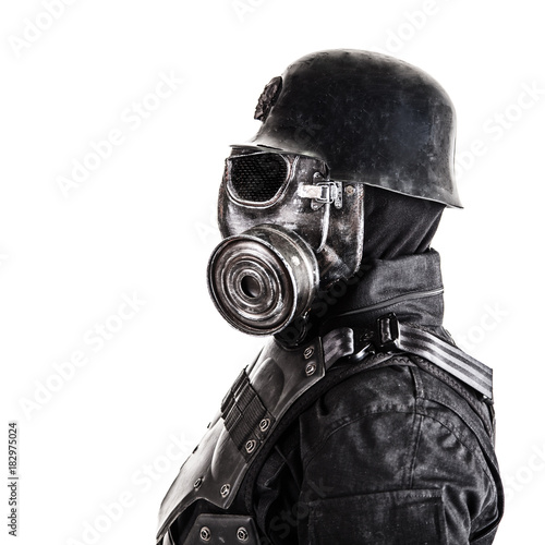 Futuristic nazi soldier gas mask and steel helmet isolated on white studio shot closeup portrait photo