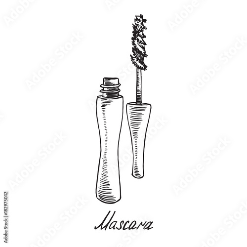 Mascara open tube with inscription, hand drawn doodle sketch with inscription, isolated vector illustration