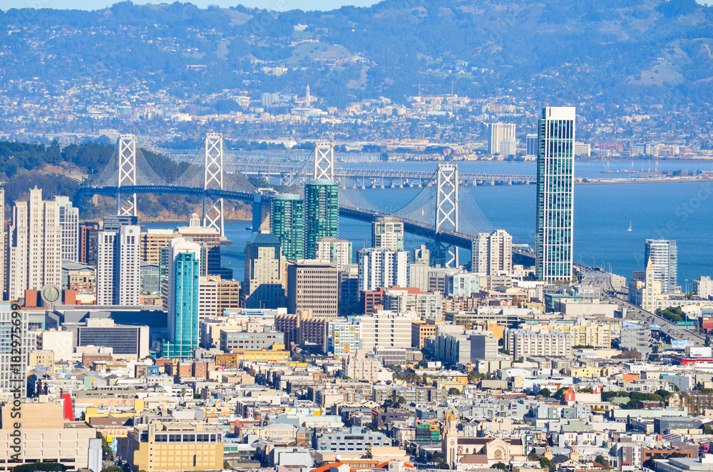 Downtown San Francisco business district with the Bay bridge in view 