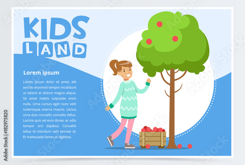 Girl picking apples in garden, eco concept, organic gardening, kids land banner flat vector element for website or mobile app