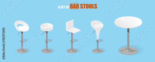 Set of bar stools and table. Bar chair. High chair. Bar interior design. Vector illustration
