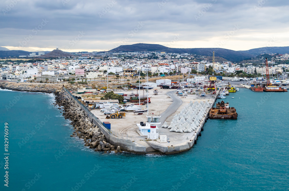 Heraklion, Crete, Greece - November 2, 2017: Panoramic view on port and the city of Heraklion
