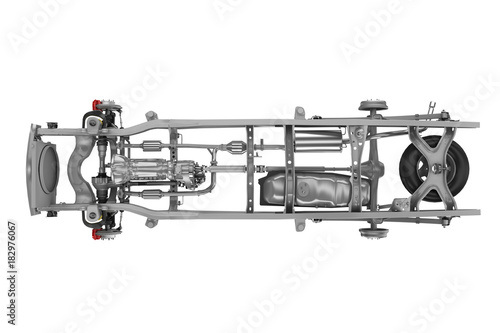 Car chassis with engine. Image of car chassis with engine isolated on white