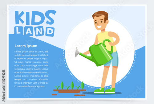 Teen boy watering plants with a watering can, eco concept, organic gardening, kids land banner flat vector element for website or mobile app
