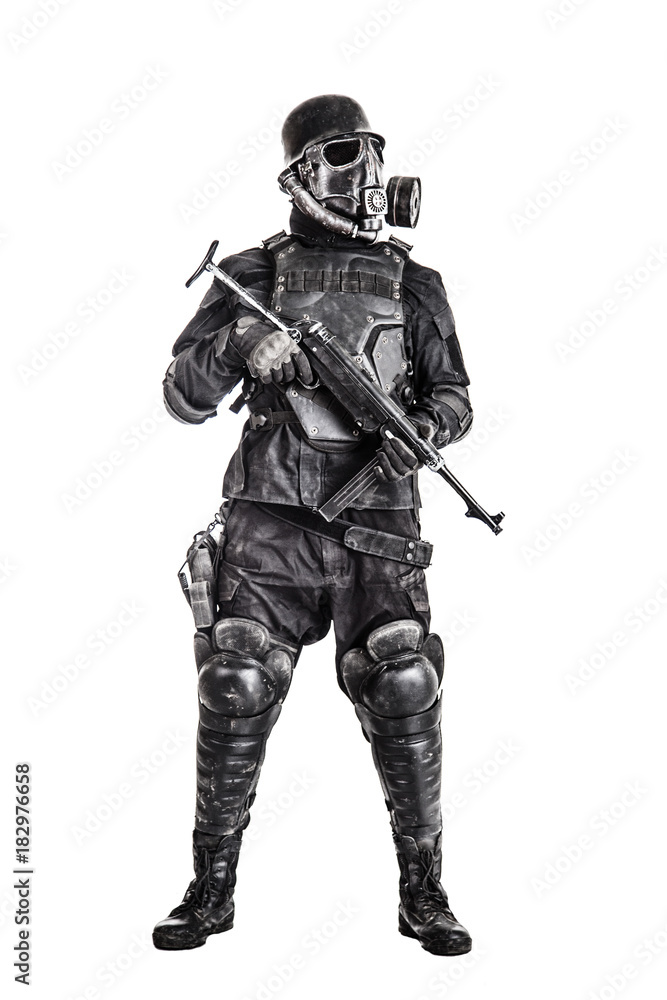 Futuristic  soldier gas mask and steel helmet with schmeisser handgun isolated on white studio shot full body portrait