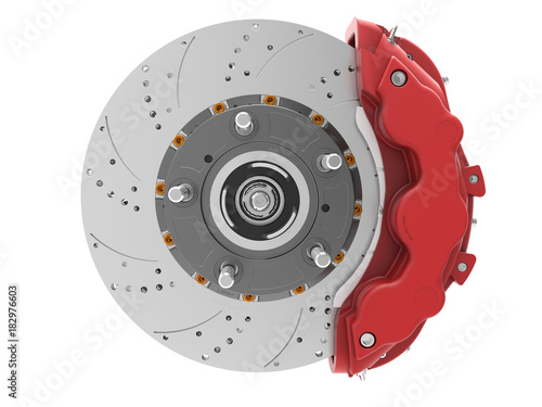 Brake Disc and Red Calliper from a Racing Car isolated on white background