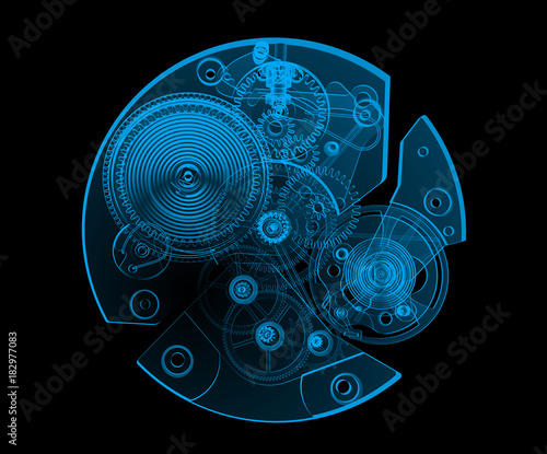 Watch internals x-ray blue transparent isolated on black