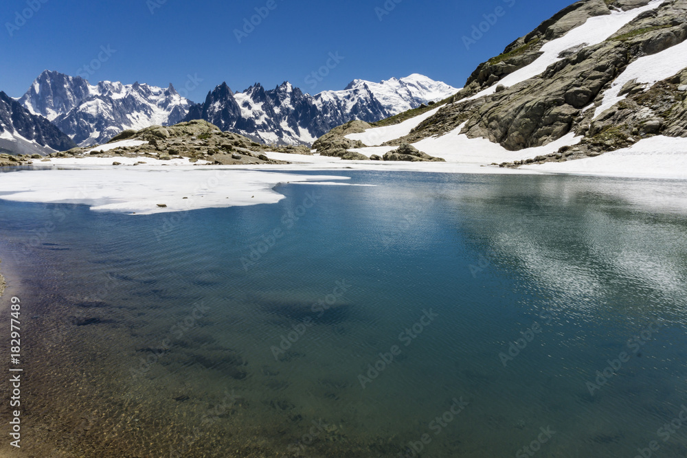 Lake Lac Blanc on the background of Mont Blanc massif. Alps.