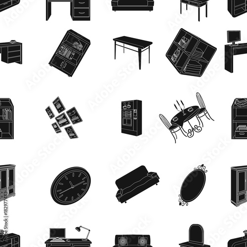 Coffee maker, sofa, mirror, table service in the restaurant and other web icon in black style isometric. Interior and office furniture icons in set collection.