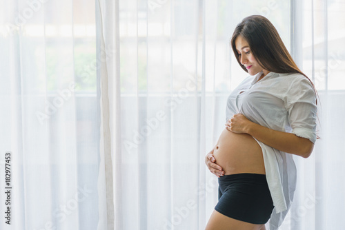 Free Download Beautiful pregnant woman standing and hand touch belly at living room. concept of pregnancy, family and lover relation. - GFXLoad