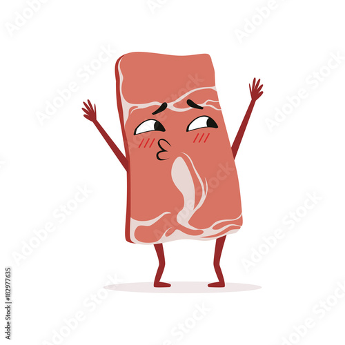 Cartoon slice of ham with hands, legs and cute face. Comic flat character standing isolated on white. Fresh meat product. Design for food market or butcher store