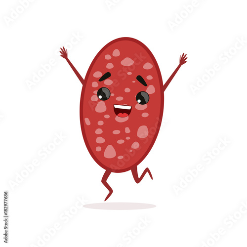 Slice of salami with hands, legs and happy face. Cartoon delicious meat character jumping with hands up. Flat vector design for kids menu, food pack or butcher store