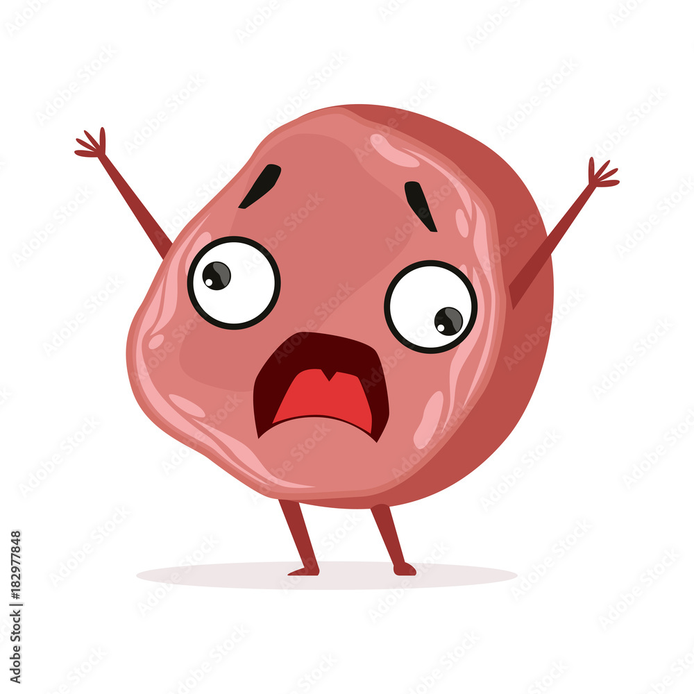 Scared piece of ham standing with hands up. Cartoon character in flat style. Fresh meat product. Isolated vector illustration Scared piece of ham standing with hands up. Cartoon character in flat style. Fresh meat product. Isolated vector illustration