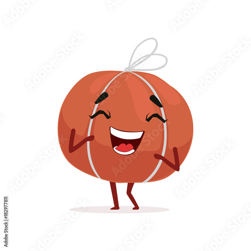 Cheerful smoked boneless ham in net. Cartoon meat character standing isolated on white. Vector design for sticker, menu, food market or butcher store flyer.