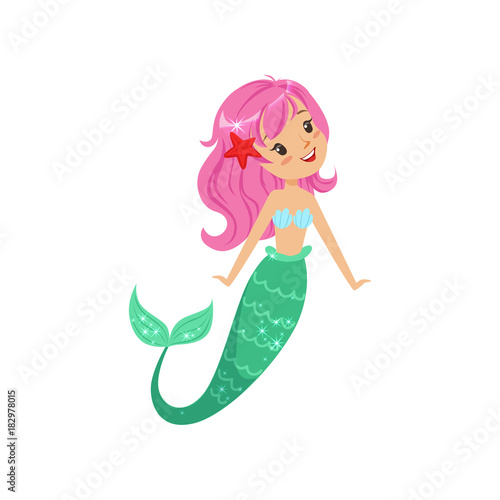 Cartoon mermaid character with pink hair and shiny tail. Beautiful mythical water creature. Underwater life concept. Flat vector illustration