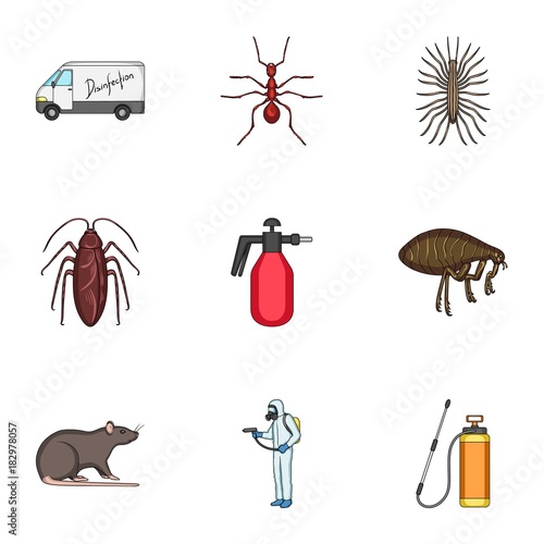 Pest, poison, personnel and various equipment cartoon icons in set collection for design. Pest control service vector symbol stock web illustration.