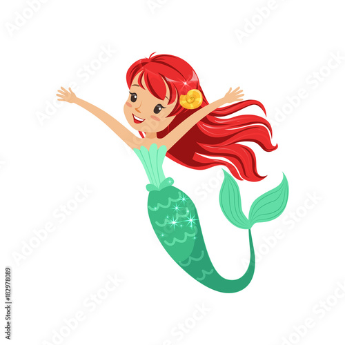 Cute red-haired mermaid girl isolated on white. Cartoon underwater character with shiny fish tail. Marine life concept. Flat design vector illustration