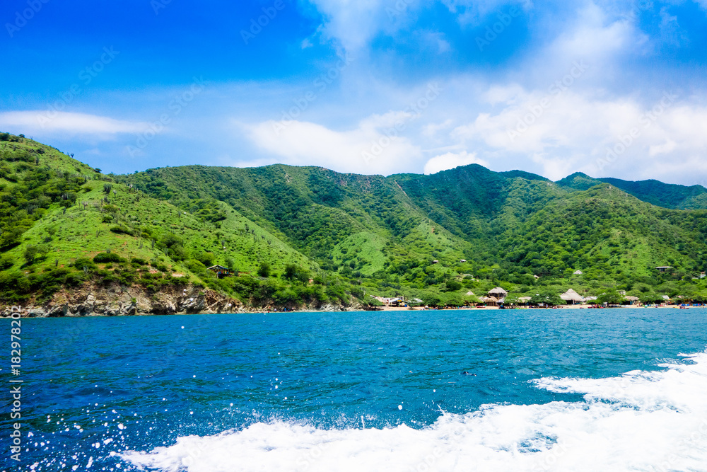 Beautiful view of of Taganga bay Santa Marta, perfect harmony in nature, mountains and sea in Colombia