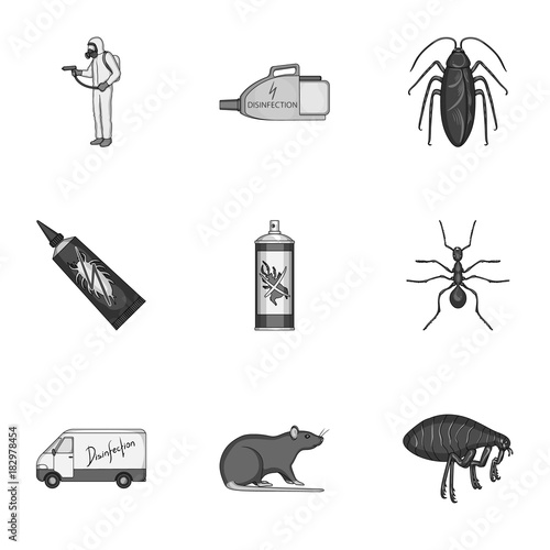 Pest, poison, personnel and various equipment monochrome icons in set collection for design. Pest control service vector symbol stock web illustration.