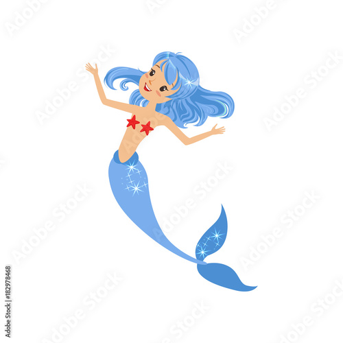 Happy mermaid with blue hair, fish tail and red shell bra. Cartoon mythical sea creature swimming underwater. Isolated flat vector