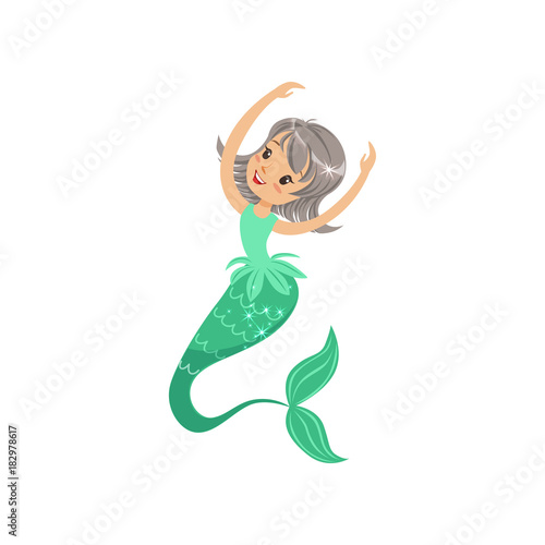 Beautiful young mermaid girl with gray hair and fish tail. Fabulous character form underwater world. Marine life concept. Isolated flat vector