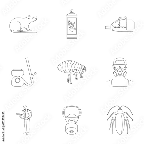 Pest, poison, personnel and various equipment outline icons in set collection for design. Pest control service vector symbol stock web illustration.