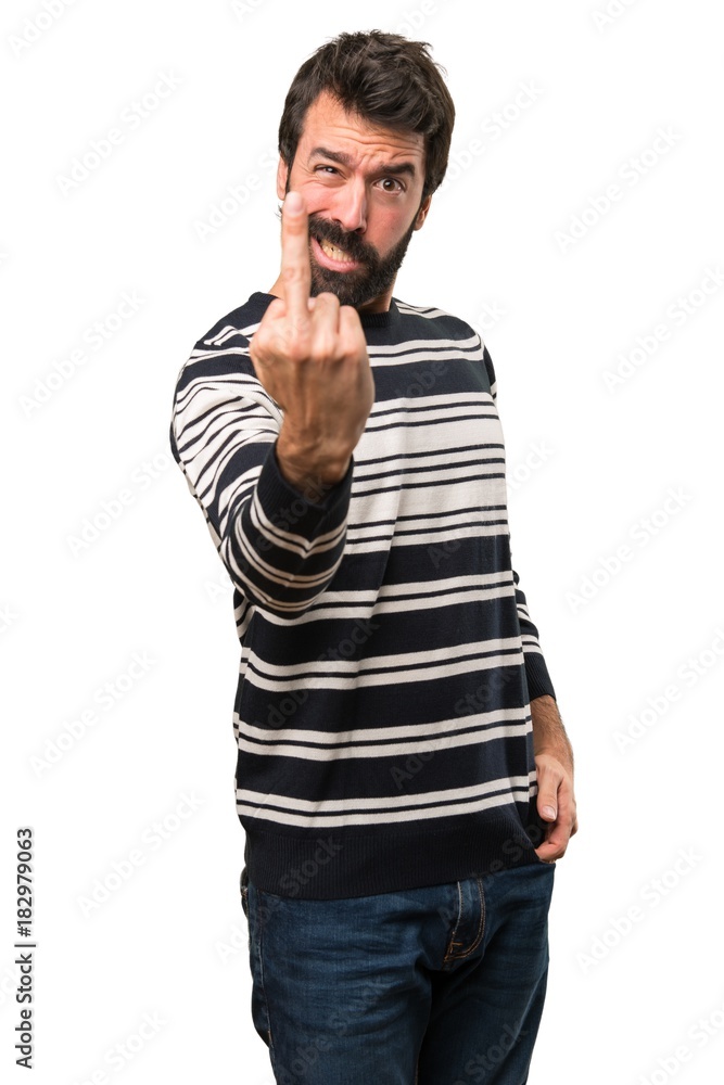 Man with beard making horn gesture Man with beard making horn gesture