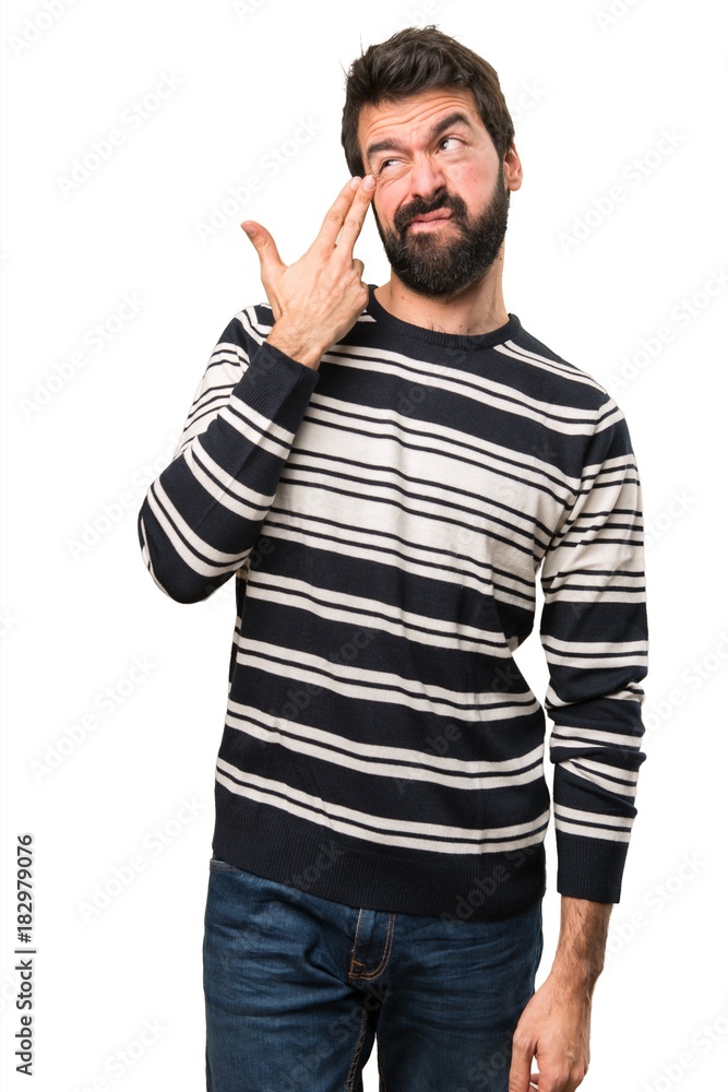 Man with beard making suicide gesture Man with beard making suicide gesture