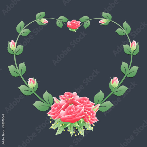 Heart frame with rose ivy and roses bouquet