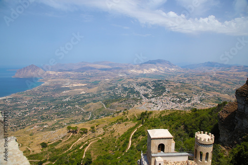 Erice, Sicily, Italy. Picturesque landscape of the sea coast and the castle of Pepoli photo