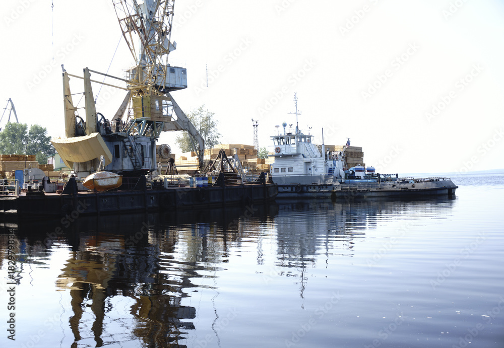 Fototapeta premium Monumental cranes at sunset.a ship in port