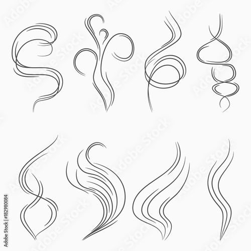 Smoke and steam stream lines. Smell and aroma abstract sign. Cigarette smoke or vapor flow. Vector illustration.