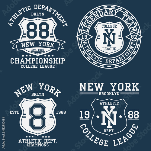 Set of New York, NY vintage graphic for t-shirt. Collection of original clothes design with shield and number. Apparel typography. Sportswear print. Vector illustration.