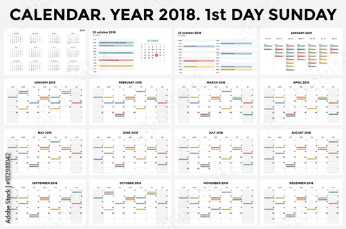 Calendar infographic  table chart  presentation chart. Business period concept. Task manager. Day  week  month. 2018 year. Time management. Organizer date diary.