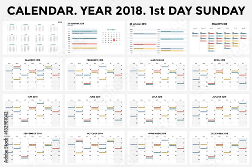 Calendar infographic, table chart, presentation chart. Business period concept. Task manager. Day, week, month. 2018 year. Time management. Organizer date diary.