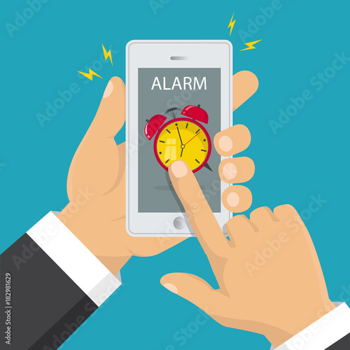 Mobile technologies concept. Vector illustration of phone with app alarm clock on the screen.