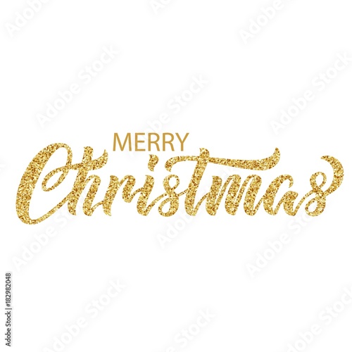 Hand lettering Merry Christmas with golden glitter effect, isolated on white background. Ideal for festive design, christmas postcards. Vector typography illustration.