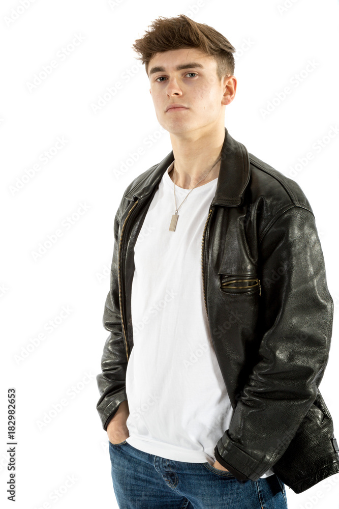 18 year old wearing a leather jacket and jeans 18 year old wearing a leather jacket and jeans