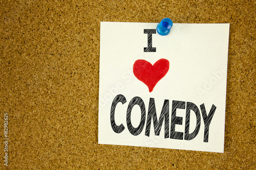 Hand writing text caption inspiration showing I Love Comedy concept meaning Stand Up Comedy Microphone Loving written on sticky note, reminder isolated background with copy space photo