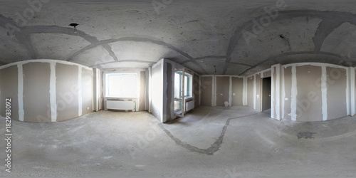 3D spherical panorama with 360 viewing angle. Ready for virtual reality or VR. Full equirectangular projection. interior under construction. home renovation.