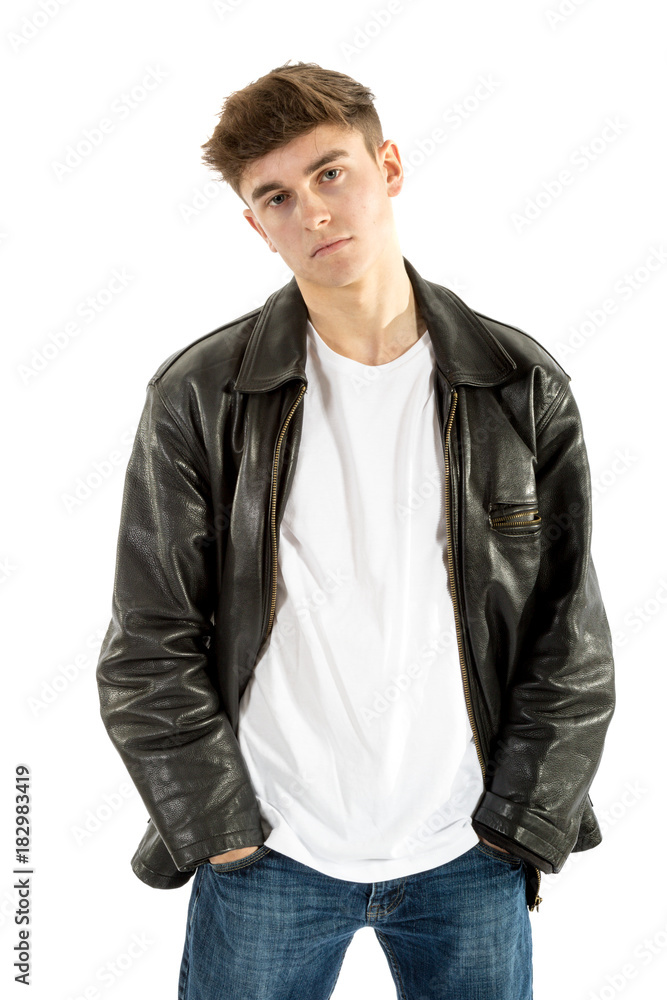 18 year old wearing a leather jacket and jeans
