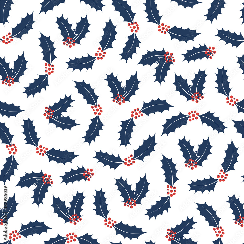 Hand drawn seamless vector pattern with holly leaves, berries, on a white background. Design concept for winter holidays, kids textile print, wallpaper, wrapping paper. Hand drawn seamless vector pattern with holly leaves, berries, on a white background. Design concept for winter holidays, kids textile print, wallpaper, wrapping paper.
