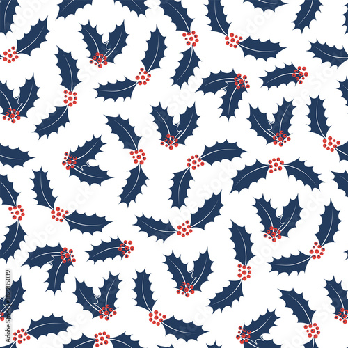 Hand drawn seamless vector pattern with holly leaves  berries  on a white background. Design concept for winter holidays  kids textile print  wallpaper  wrapping paper.
