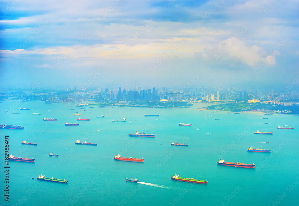 Shipping tankers in Singapore harbor
