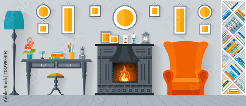 Interior of the living room. Vector. Design of a room with a fireplace in a flat style.