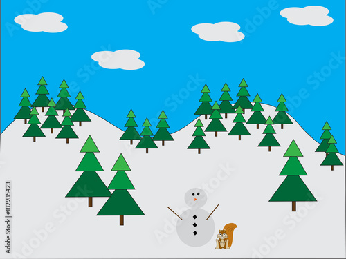 Snowman in pine forest with squirrel