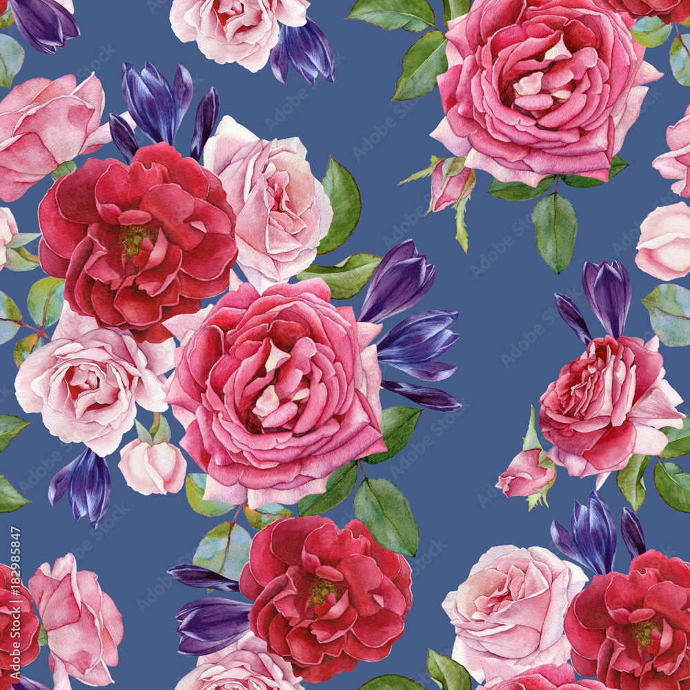 Floral seamless pattern with watercolor roses and crocuses. Background with bouquets of hand drawn watercolor flowers