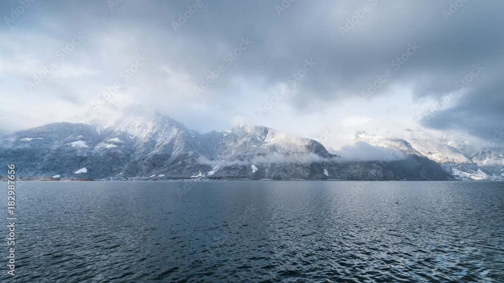 Mountains in overcast. Christmas in Europe. Winter panorama. Alps mountains in the snow. Overcast. European Switzerland.